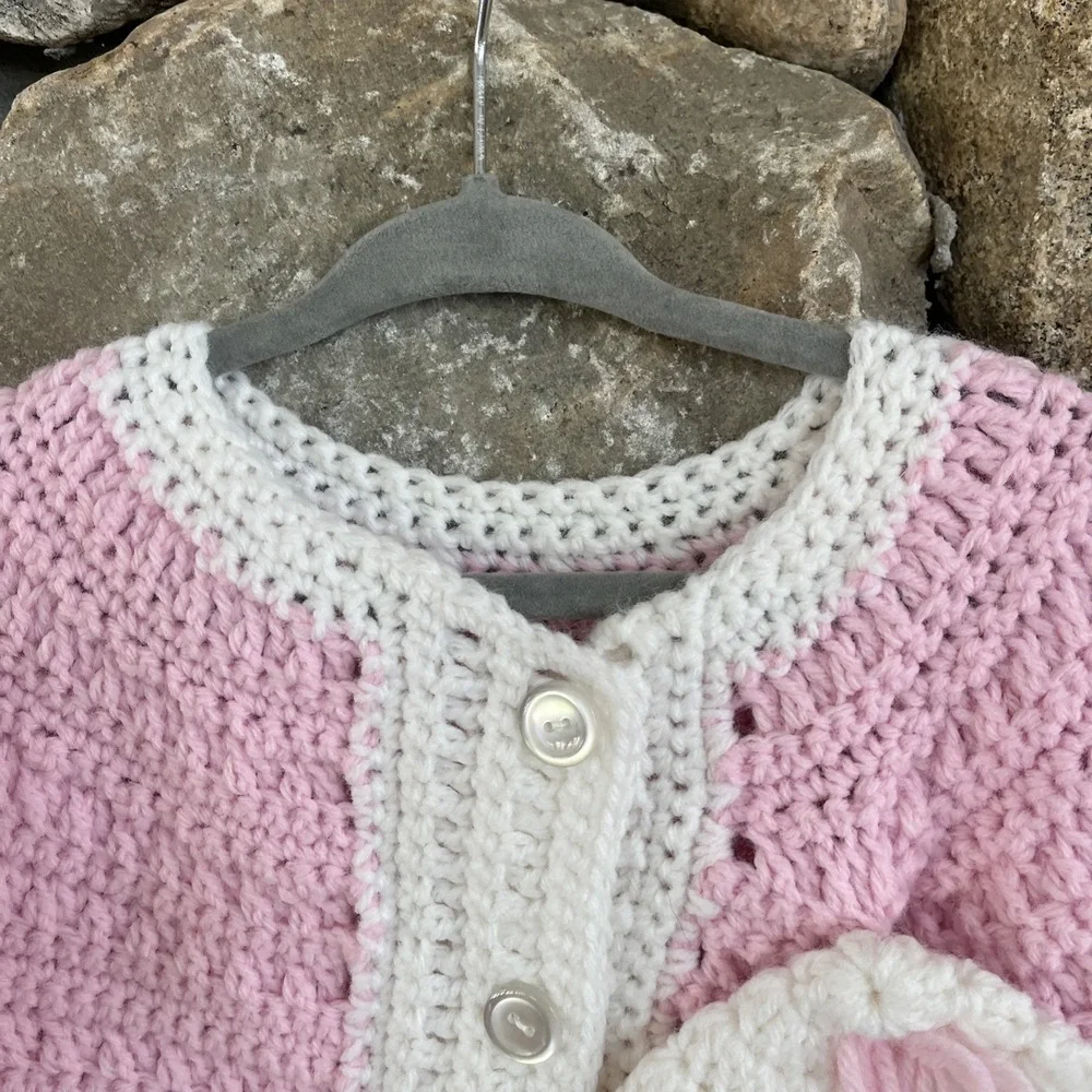 Hand Knit NEW Dark Pink  2-3t Baby Girls Cardigan sweater Button Up closure, Hat